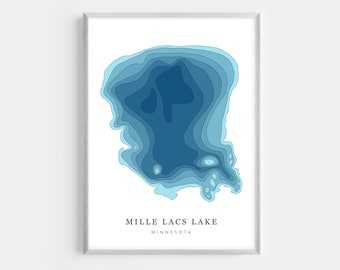 Mille Lacs Lake, Minnesota  | PHOTO or CANVAS Print | Minimalist Depth Map Art, UNFRAMED