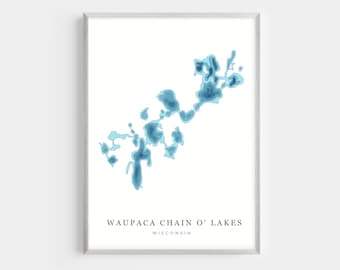 Waupaca Chain O' Lakes, Wisconsin | PHOTO or CANVAS Print | Minimalist Depth Map Art, UNFRAMED