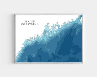 Maine Coastline | PHOTO PRINT or CANVAS | Modern Minimalist Depth Map Wall Decor Art, Unframed