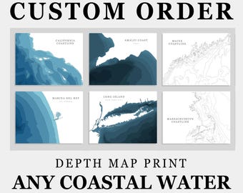 CUSTOM Costal Water Depth Map Photo Print or Canvas | Modern Minimalist Depth Map Wall Decor Art, Unframed