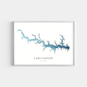 May include: A blue and white map of Lake Gaston, North Carolina and Virginia. The map shows the lake's shape and depth contours.