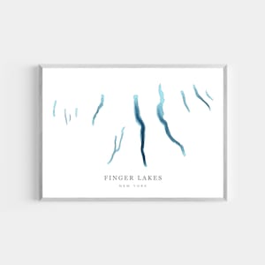 May include: A minimalist line art print of the Finger Lakes region of New York State. The print features a white background with blue outlines of the lakes.