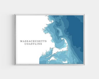 Massachusetts Coastline | PHOTO PRINT or CANVAS | Modern Minimalist Depth Map Wall Decor Art, Unframed