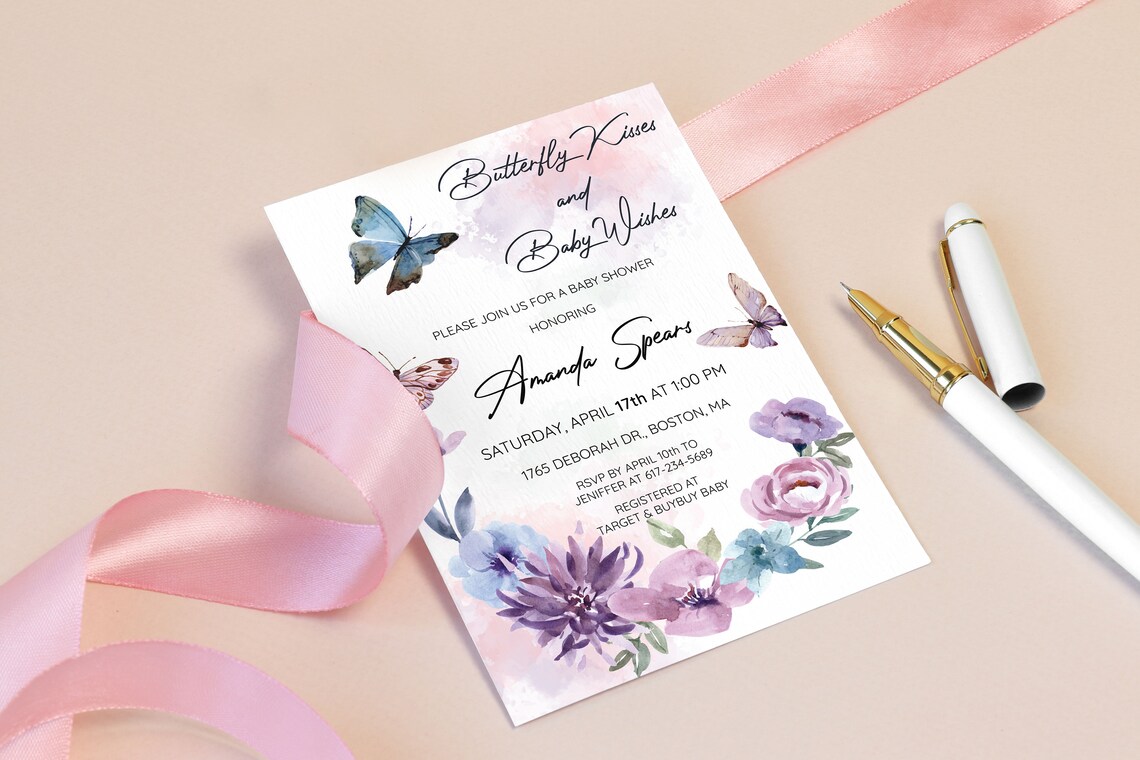 Purple Butterfly Baby Shower Invitation Butterfly Kisses and Etsy