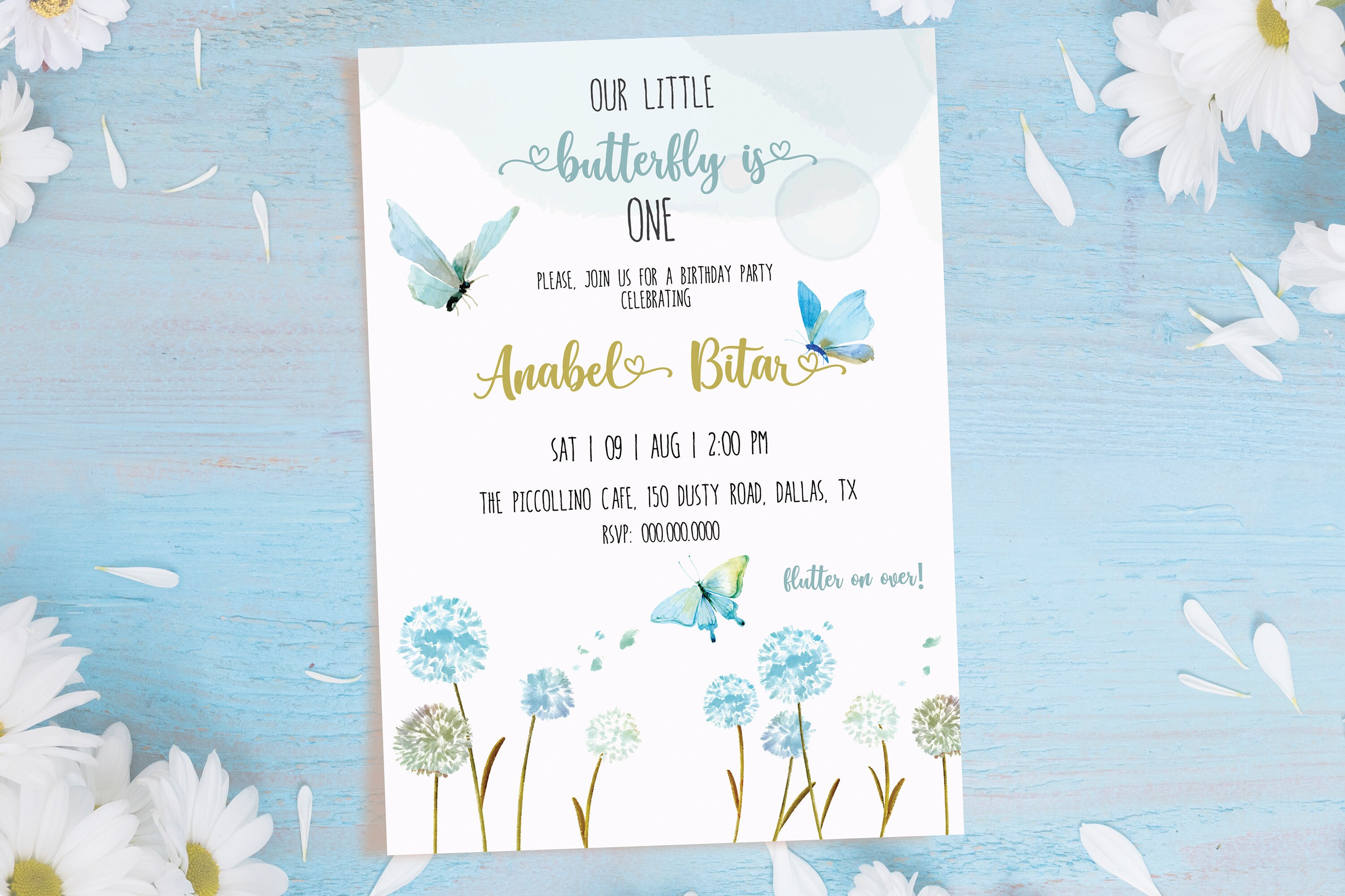 Blue Butterfly Birthday Invitation Butterfly Theme Birthday Etsy