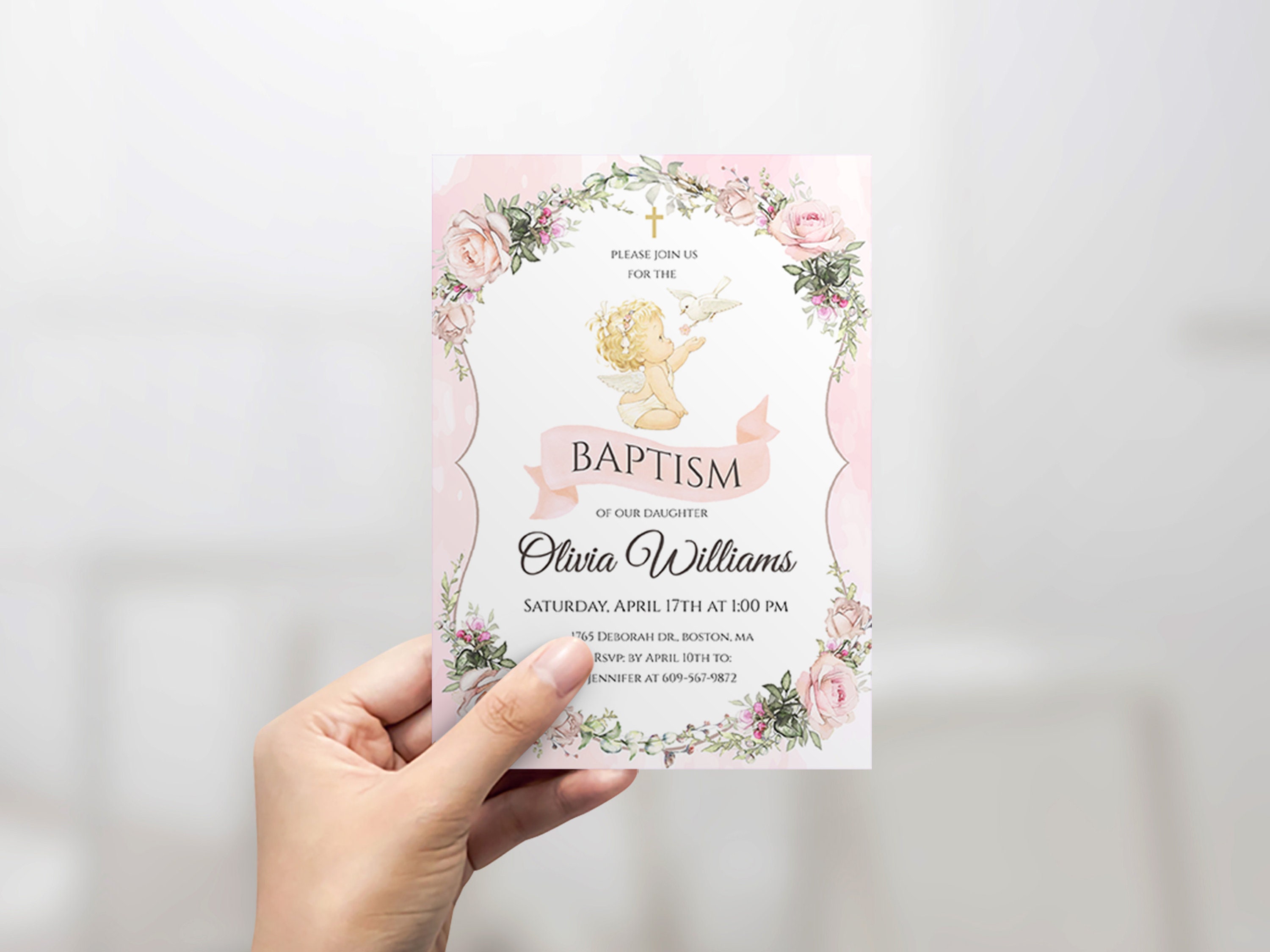 Baby Girl Baptism Invitation Girl Baptism Invite Angel Baby Etsy Canada
