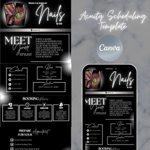 May include: A black and white graphic design for a nail salon business. The design features the text "Meet Your Stylist" and "Nails by Lala" with contact information and booking policies. The design is set against a black background with white text.