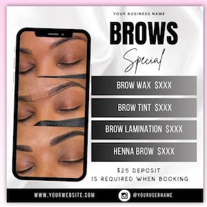 Könnte beinhalten: Werbung für Augenbrauenbehandlungen. Das Bild zeigt ein Mobiltelefon mit Beispielen für Augenbrauenformen. Der Text enthält "BROWS Special", Servicenamen und eine Website-Adresse.