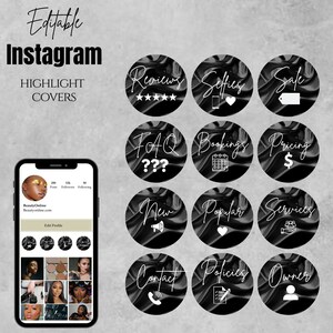 May include: Black and white Instagram highlight covers with a marble-like texture. The covers feature text and icons, including "Reviews", "Selfies", "Safe", "FAQ", "Bookings", "Pricing", "New", "Popular", "Services", "Contact", "Policies", and "Owner".