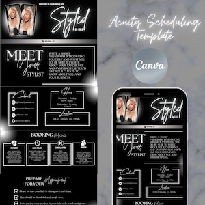 May include: Black and white graphic design template for a stylist's booking site. The template features a photo of a woman with long blonde hair, the text "Meet Your Stylist", and the words "Styled by Lala".