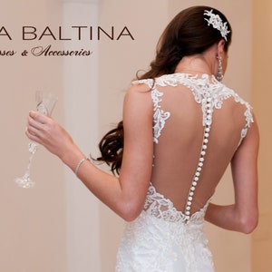 Mermaid wedding dress, ivory lace brides dress, dress with long silk train, unique applique design, Open transparent back in wedding dress