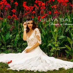 Wedding ivory dress with a long skirt with a train, 2 units lace top and a long separate skirt, lace top with deep V-neckline