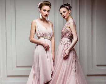 Pink fairy tale for a colorful wedding, powder evening gown, blush prom dress, long chiffon dress plus size, one size dress for pregnant