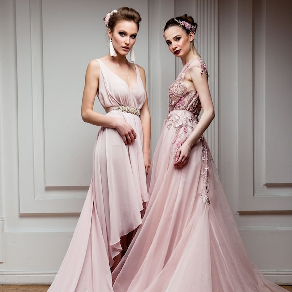 Conte de fées rose pour un mariage coloré, robe de soirée poudrée, robe de bal blush blush, robe longue mousseline plus taille, robe taille unique pour enceinte