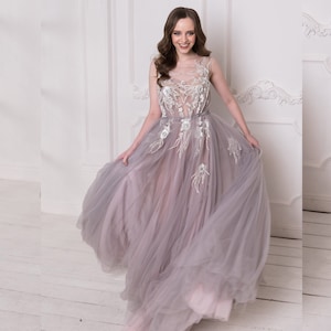 Tulle wedding dress, one size dress, plus size, gray evening gown, crystal wedding dress, fairy bride dress, color wedding, airy tulle dress