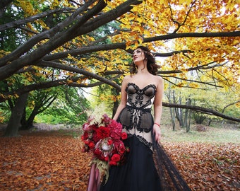 Black wedding dress with long skirt and removable trail 1meter