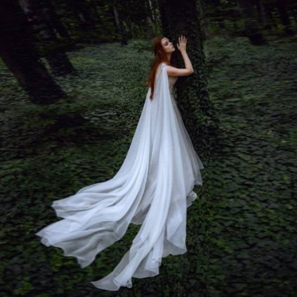 Wedding cape, Elf magic cape, Wedding cape with a hood, Chiffon Shoulder and Head Cover, Long train of chiffon like wings, Fairy train cape