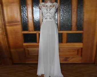 Wedding unique dress set: crop top, long silk skirt with slit, chiffon skirt with applique, summer wedding beach dress, fashion prom gown