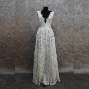 Lace chantilly Wedding Dress, Wrap Dress, Slit Bridesmaid Dress, V Neckline, Robe Dress, Summer Beach Wedding, ivory gown A line
