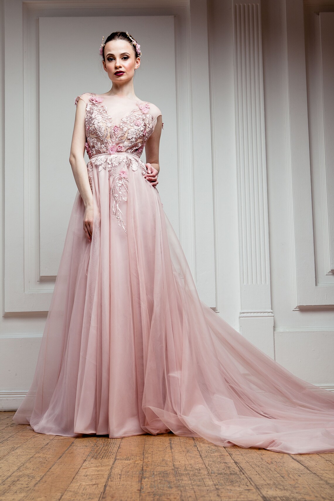 Pink blush colorful wedding tulle dress with 3d lace decor image 4