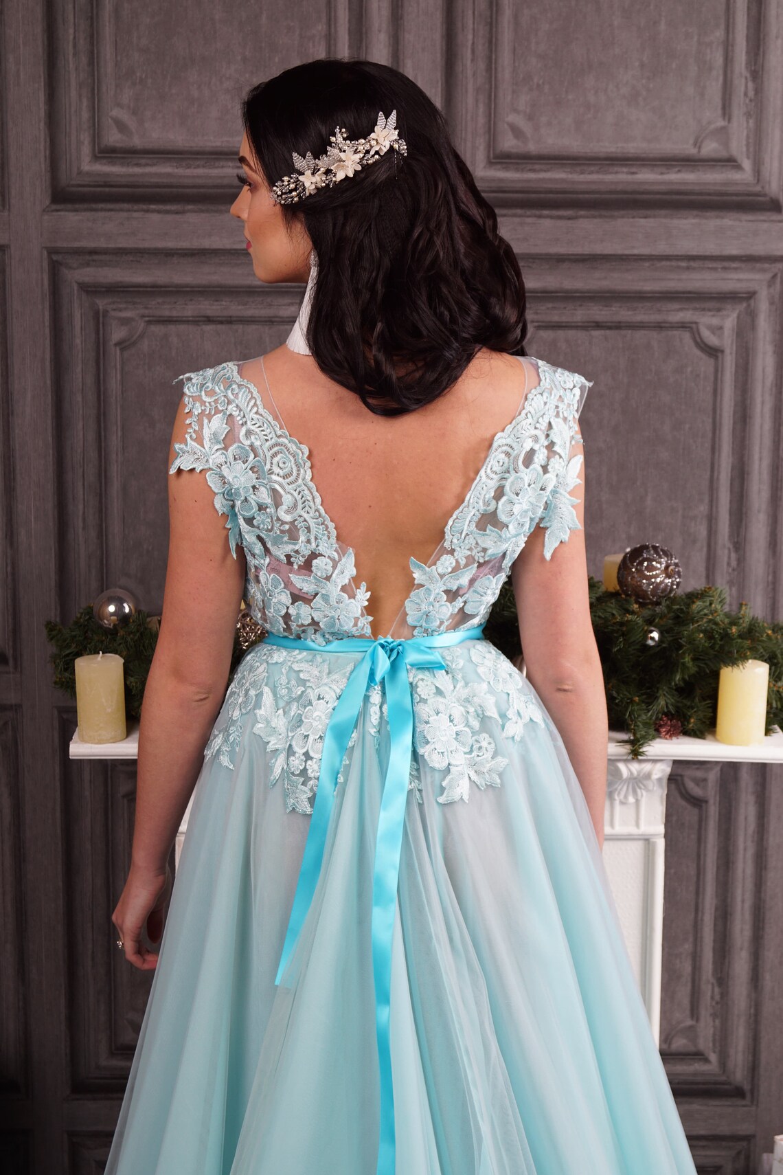 Mint Tiffany Colors Evening Dress With 1 Meter Train Deep Etsy