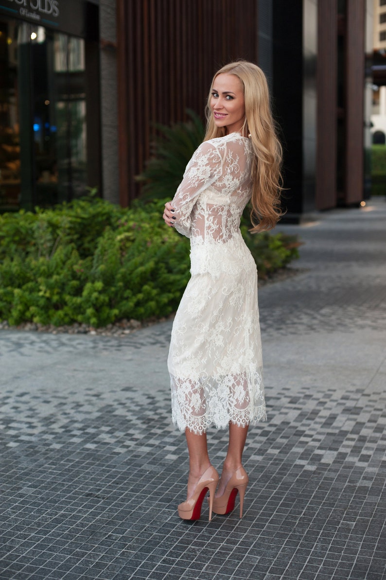 Lace Set Evening Dress Wedding Short Dress Lace blouse Top and Skirt Short tight lace skirt