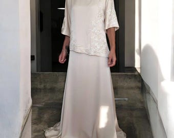 Simple Silk Asymmetric Evening Dress with Lace Decoration, Civil Wedding Dress. Elegant Two-Piece Set with Customizable Design Options