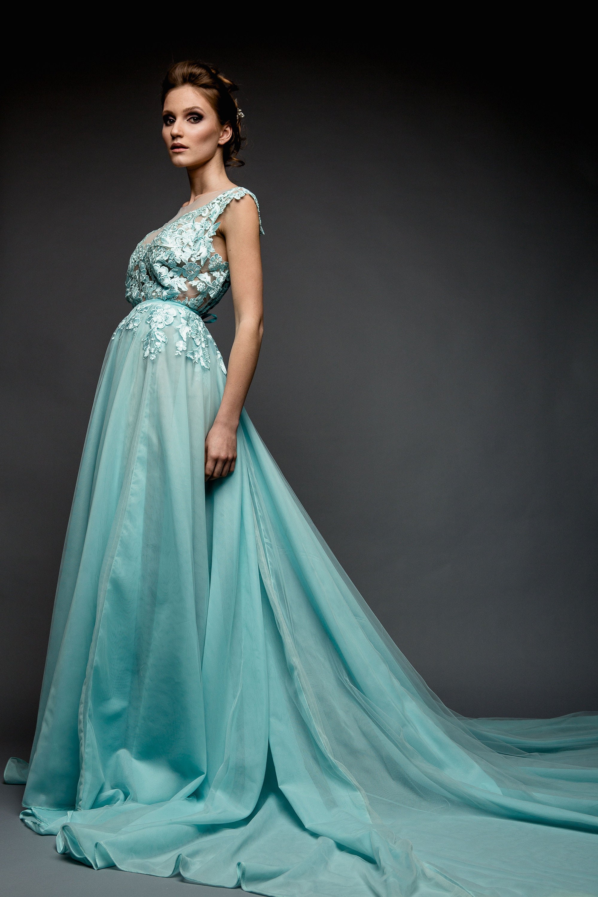 Mint Tiffany Colors Evening Dress With 1 Meter Train Deep Etsy