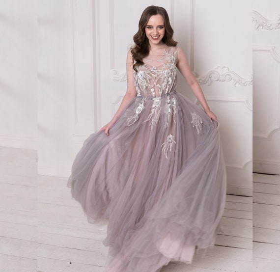 Tulle Wedding Dress One Size Dress Plus Size Gray Evening Gown Crystal Wedding Dress Fairy Bride Dress Color Wedding Airy Tulle Dress Etsy