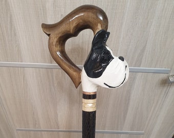 Boston Terrier walking stick, handmade, wood carved Boston Terrier walking cane