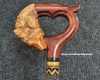 Fox walking stick, handmade wood carved Fox head walking cane