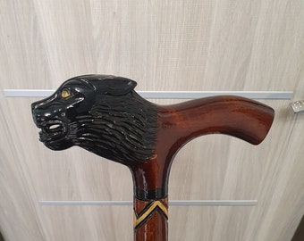 Panther Walking Stick Cane Wooden Wood Handmade Hand Carved Handle Style Folk 