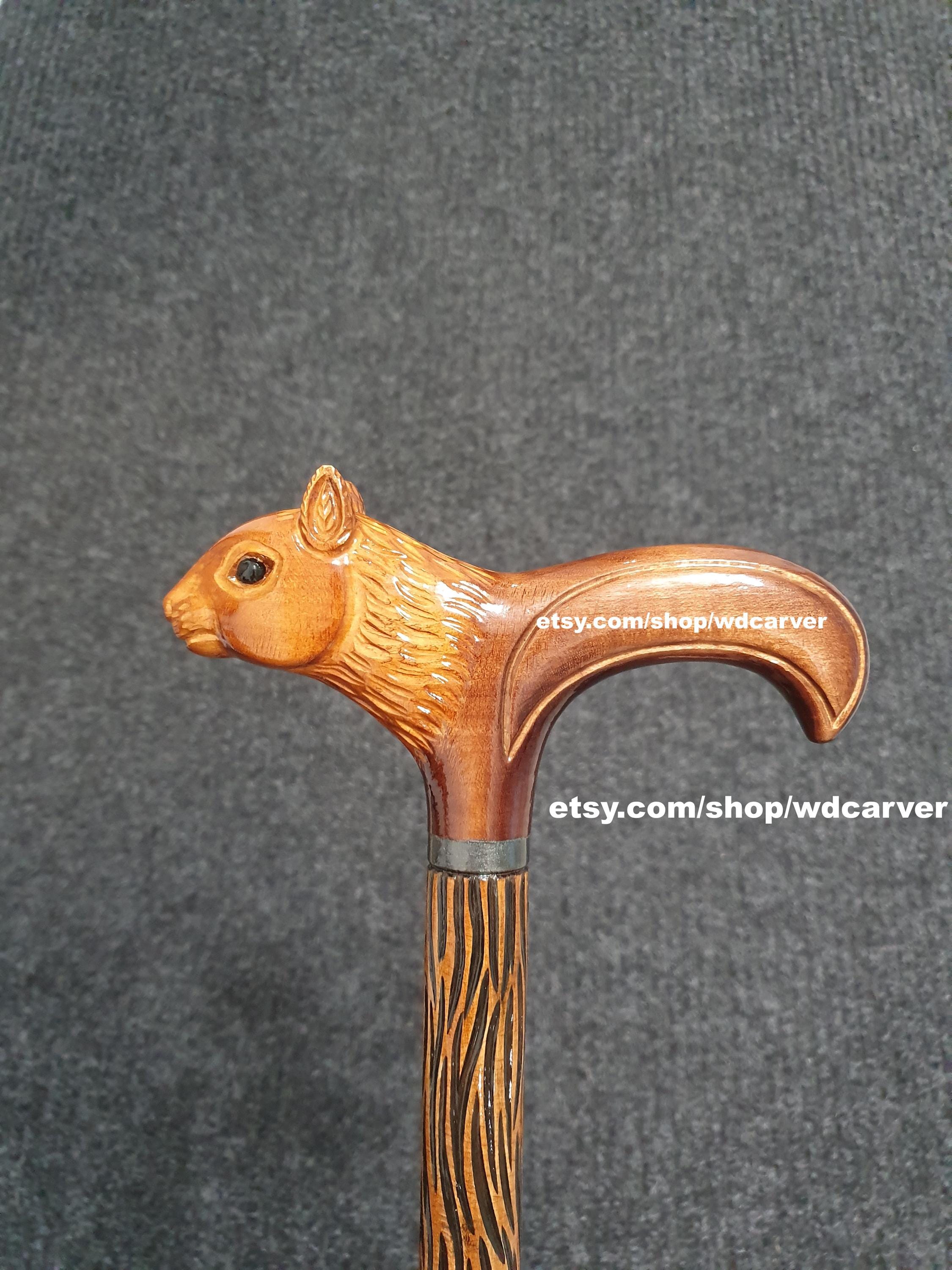Squirrel walking stick, handmade wood carved Squirrel head walking cane