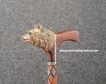 Wolf walking stick, handmade wood carved Wolf head walking cane