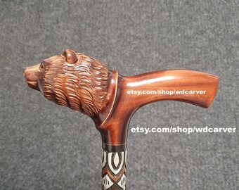 Bear walking stick, handmade wood carved Bear head walking cane