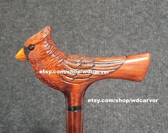Nothern (red) cardinal walking stick, handmade wood carved Nothern (red) cardinal head walking cane