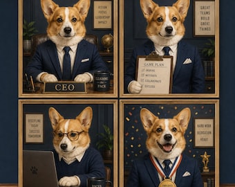 Könnte beinhalten: Ein Set aus vier gerahmten Drucken mit dem Titel CUSTOM BOSS DOG SET, die einen Corgi im Business-Anzug zeigen. Die Bilder zeigen den Hund als CEO mit Schreibtischschild, mit einem Klemmbrett, am Laptop mit Brille und mit einer Auszeichnungsmedaille.