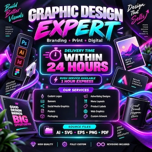 Puede incluir: Un anuncio digital de diseño gráfico con texto en neón rosa y azul que dice Graphic Design Expert, Delivery Time Within 24 Hours y Our Services. Incluye iconos para logotipos, banners, redes sociales y formatos de archivo AI, SVG, EPS, PNG y PDF.
