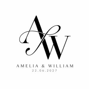 Könnte beinhalten: Ein schwarz-weißes Grafikdesign mit den ineinander verschlungenen Serif-Buchstaben A und W in einem stilisierten Monogramm. Unter dem Monogramm steht der Text AMELIA & WILLIAM in einer klaren Schrift, gefolgt vom Datum 22.06.2027 in der Mitte.