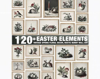 120+ Easter Elements Digital Print, Vintage Spring Floral Decor, Rustic Bunny Wall Art
