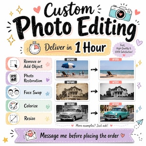 May include: A digital graphic advertising custom photo editing services. The text reads Custom Photo Editing, Deliver in 1 Hour, and lists services including Remove or Add Object, Photo Restoration, Face Swap, Colorize, and Resize with examples.