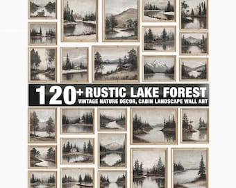 120+ impression numérique rustique de forêt de lac, décor de nature vintage, art mural de paysage de cabane
