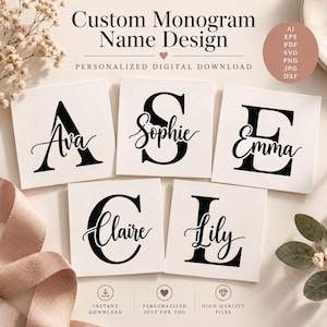 Puede incluir: Una pantalla gráfica digital con cinco tarjetas blancas cuadradas con letras de monograma negras y nombres en fuente cursiva. El texto dice Custom Monogram Name Design, Personalized Digital Download, y enumera los formatos de archivo AI, EPS, PDF, SVG, PNG, JPG, DXF.