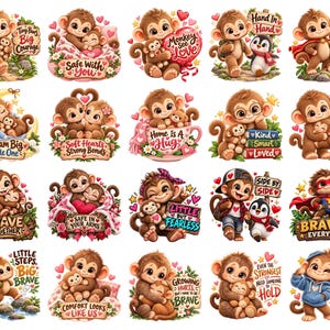 Op de afbeelding: Een verzameling van twintig digitale illustraties met cartoonapen in verschillende houdingen, vaak met kleinere aapjes, omringd door bloemen, harten en sterren, met inspirerende tekstzinnen zoals Tiny Paws Big Courage en Home Is A Hug.