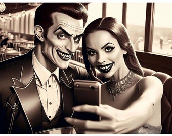 May include: A sepia-toned illustration of a smiling couple taking a selfie. The man wears a suit and the woman wears a necklace. Text at the top reads HAPPY HALLOWEEN and text at the bottom reads REAL TELEPATHY • NEVER FAKE AI PHOTO READING.