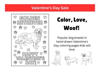 Kolorowanki z rasami psów na Walentynki, zadania do klasy dla dzieci (do pobrania w formacie PDF)