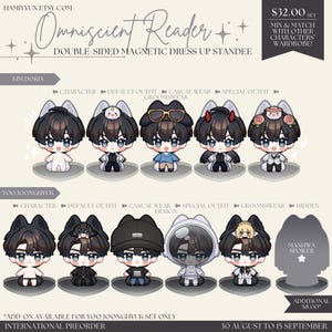 以下が含まれることがあります： ウェブトゥーン「全知的な読者」のキャラクター2人をフィーチャーした、両面磁気式着せ替えスタンドのセットです。キャラクターはキム・ドクジャとユ・ジュンヒョクです。各キャラクターには、デフォルト、カジュアル、スペシャル、新郎など、さまざまな衣装が用意されています。セットは32.00ユーロで、8.00ユーロのマンファースポイラーを追加できます。スタンドは8月30日から9月15日まで予約注文可能です。