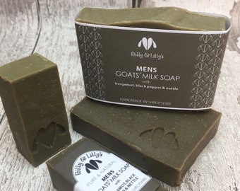 May include: Three bars of green goat's milk soap with a white label that reads "Billy & Lilly's Mens Goats' Milk Soap with bergamot, black pepper & nettle Handmade in Shropshire".
