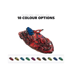 May include: A Sea-Doo Spark and Spark Trixx 2014+ personal watercraft featuring a red and black graphic pattern with a blue seat. The text reads SEA-DOO SPARK - SPARK TRIXX - 2014+ 10 COLOUR OPTIONS. A row of ten small thumbnails shows various colour variations.