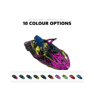 Könnte beinhalten: Ein Sea-Doo Spark Spark Trixx 2014+ Jet-Ski mit einer schwarz-pink-gelben Grafikfolierung und einem blauen Sitz. Der Text lautet SEA-DOO SPARK SPARK TRIXX 2014+ 10 COLOUR OPTIONS. Eine Reihe von 10 kleinen Vorschaubildern zeigt verschiedene Farbvarianten.